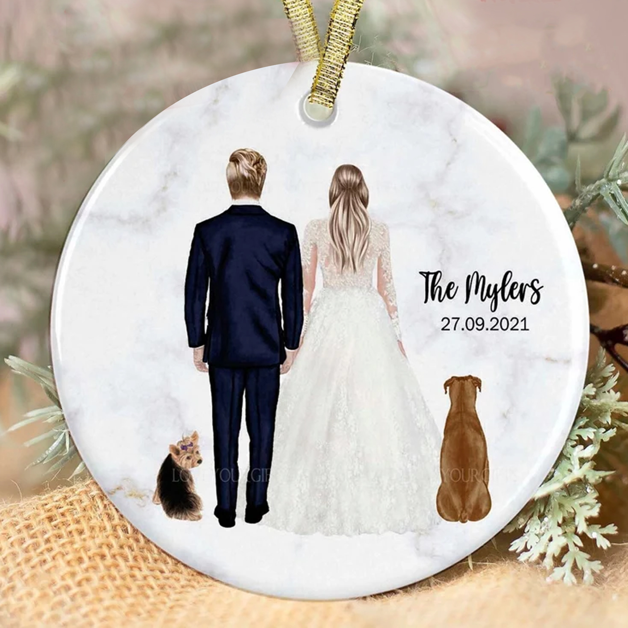 Personalized Mr And Mrs Wedding Ornament With Pets Just Married Ornament Newly Wed Mr Mrs First Christmas Ornament Pet Ornament